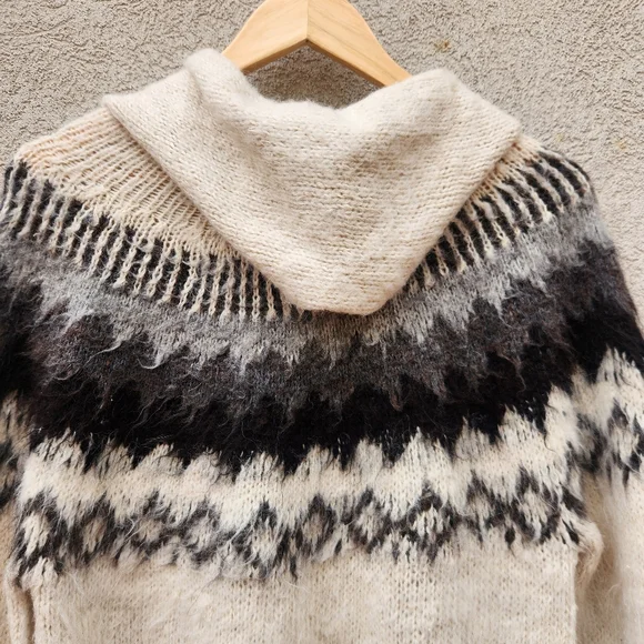 CHASQUI Women's Hoodie Medium Beige Black 100% Alpaca Handmade Aztec Cardigan - Picture 6 of 10